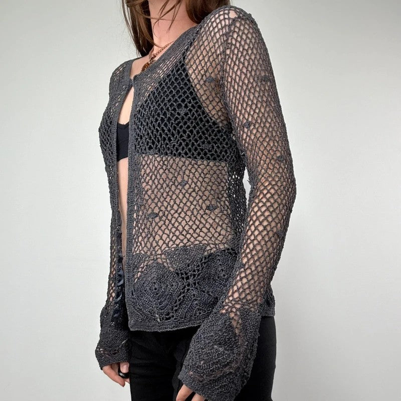 grey crochet sheer lace knit cardigan
