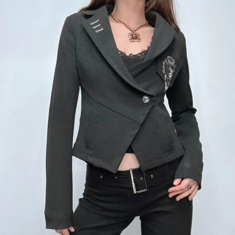 flared asymmetric grey button suit cropped jacket