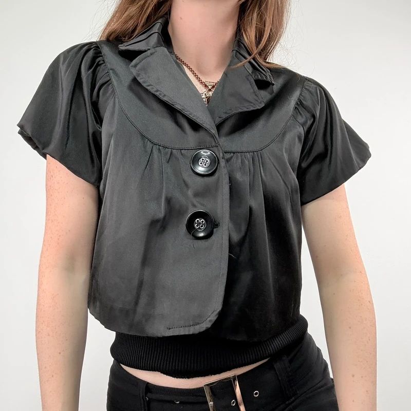 black satin cropped capped sleeve mini jacket