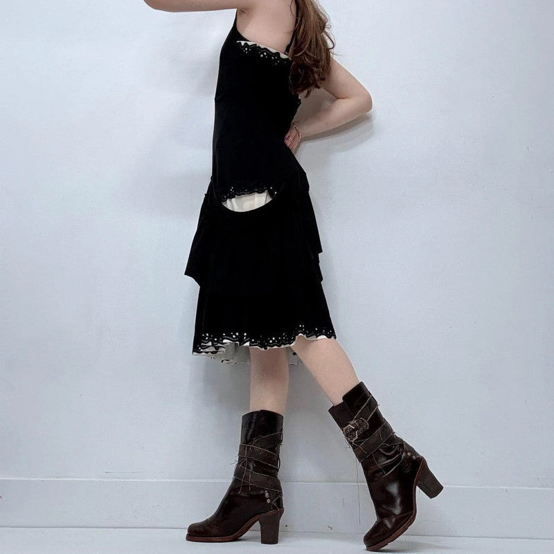 black layered pleated midi dress