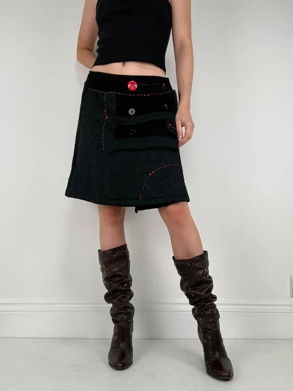 Flared black wool abstract button midi skirt