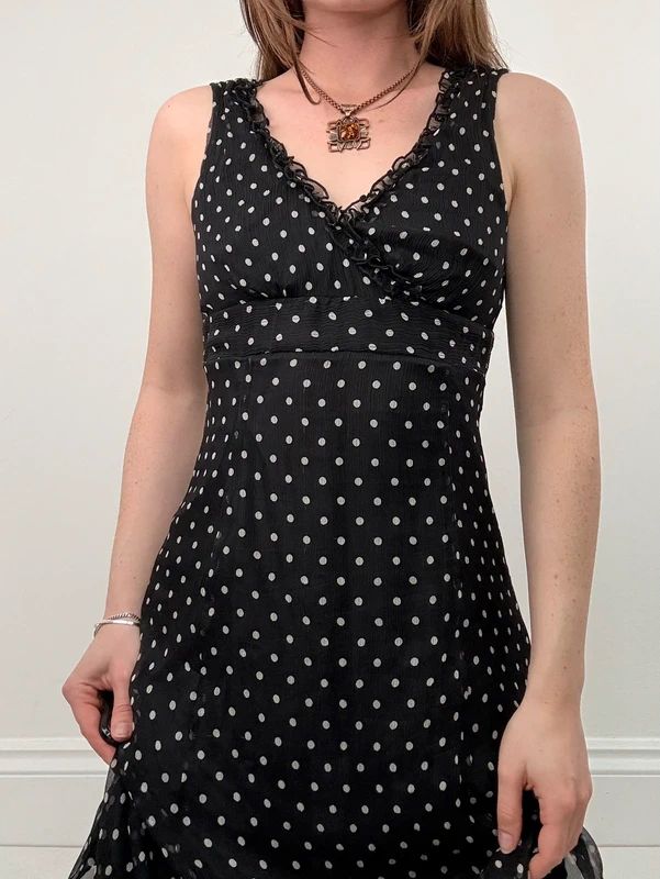 silk black and white polkadot slip dress