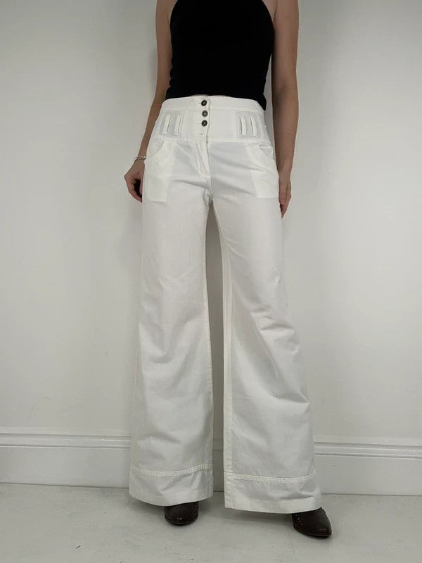 white flared wide leg button front cotton trousers