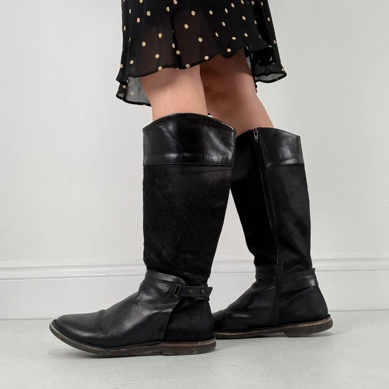 Black leather cowhide pony skin knee high boots