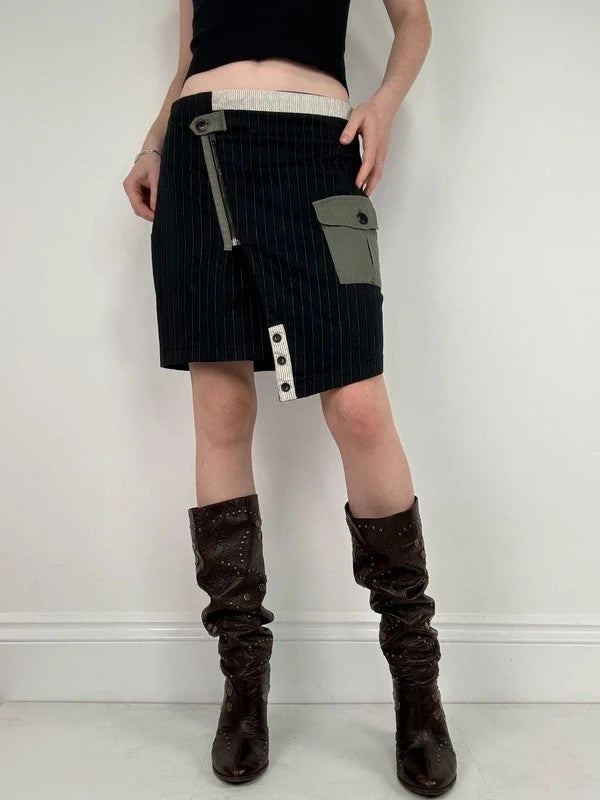 asymmetric deconstructed black pinstripe midi skirt