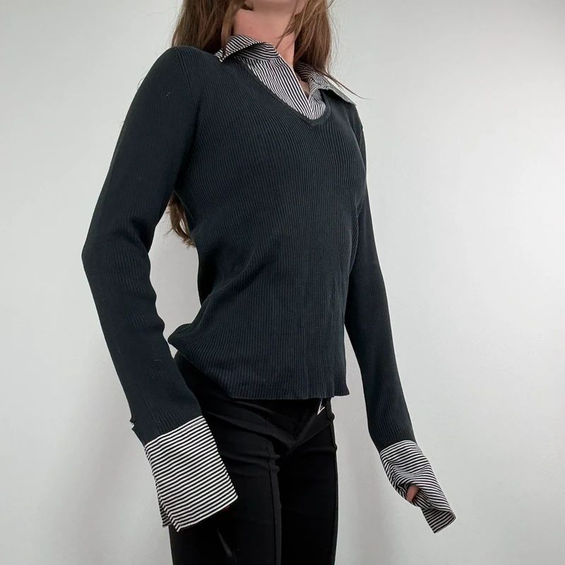 black ribbed knit layered shirt jumper