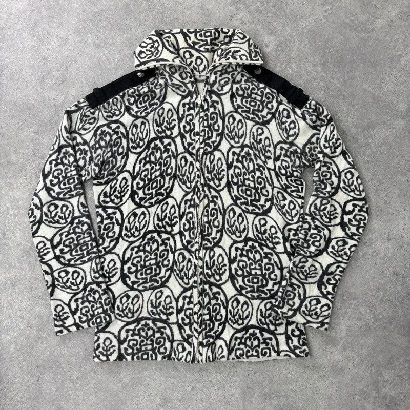 black and white slouchy patterned knit jumper, angora zip through funnel neck