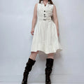 white flared button fitted midi dress