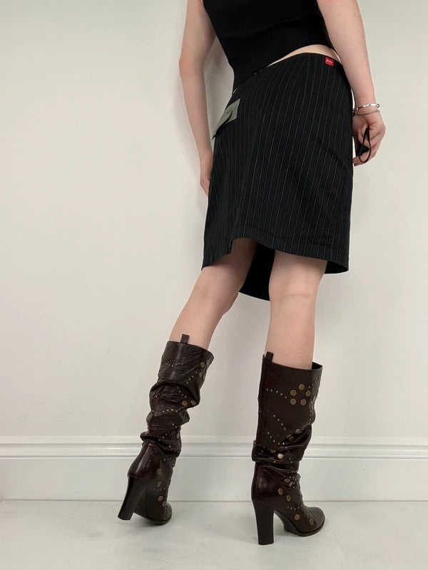 asymmetric deconstructed black pinstripe midi skirt