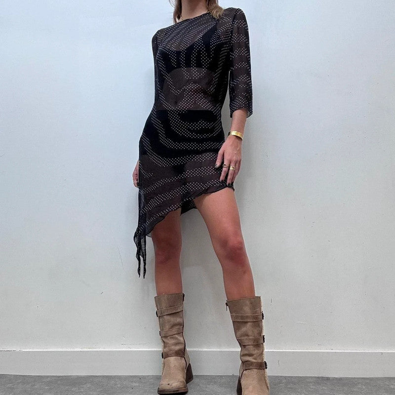 sheer silk patterned mini dress