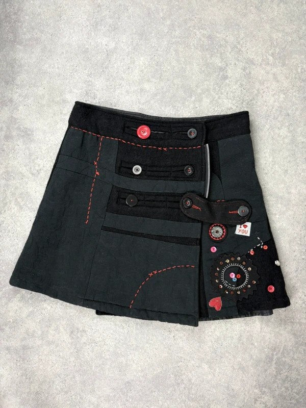 Flared black wool abstract button midi skirt
