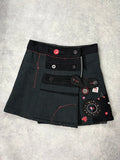 Flared black wool abstract button midi skirt