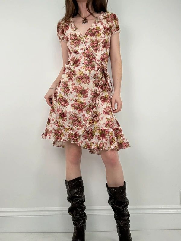 floral rose ruffle wrap around mini summer tea dress