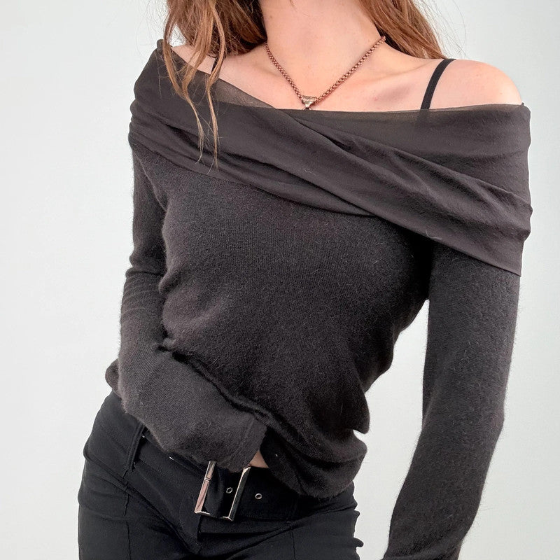 brown angora knitted off the shoulder jumper