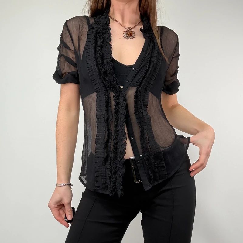 black sheer silk ruffle shirt with short sleeves