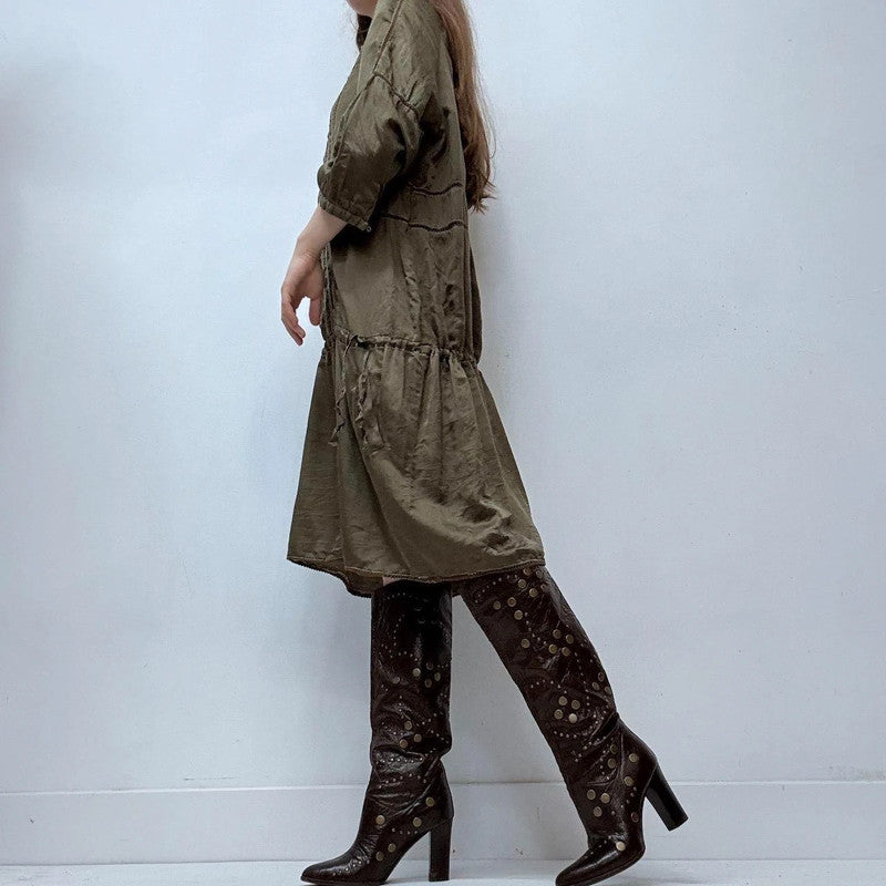 khaki silk lace boho dress