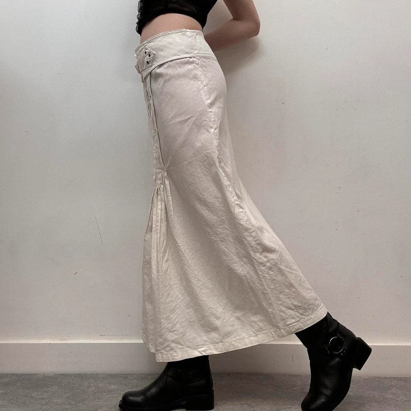 pleated white linen midi skirt