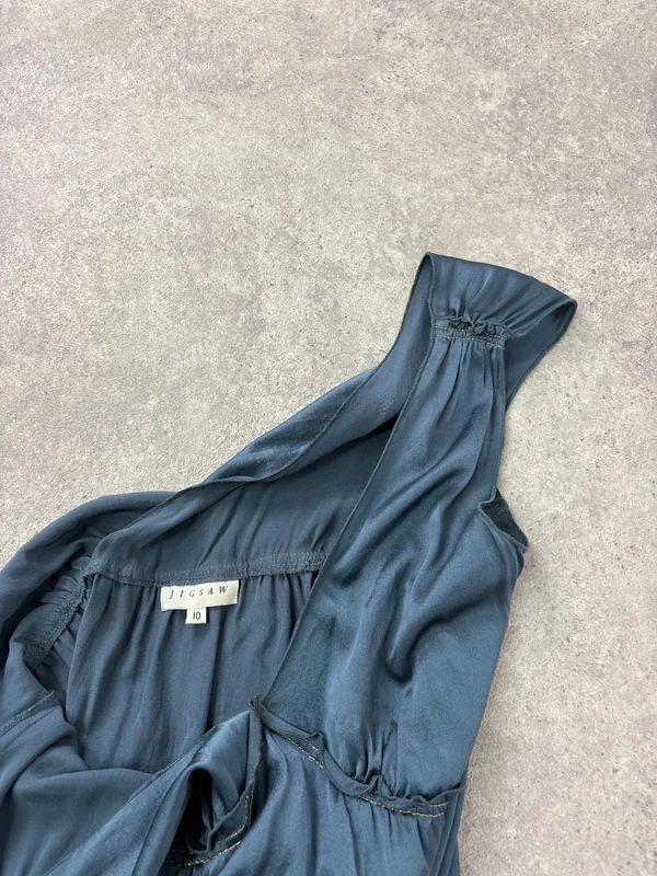 blue silk gathered floaty bias cut midi dress