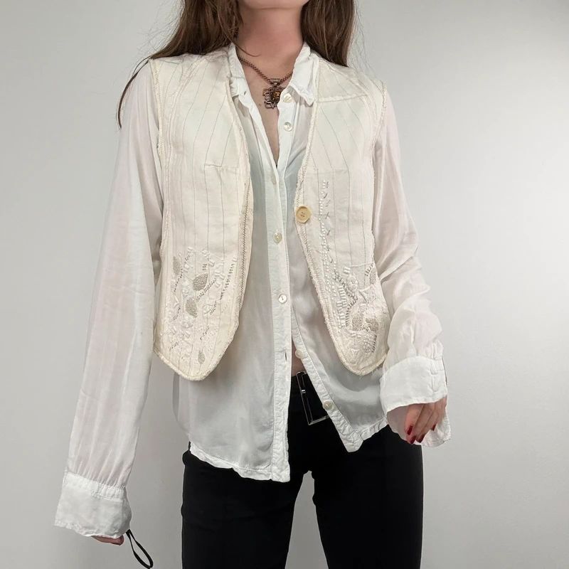 cream pinstripe Marithé + François Girbaud waistcoat vest