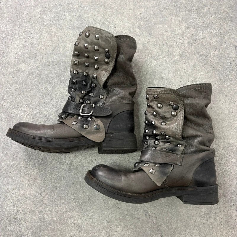 Grey studded slouchy leather boots