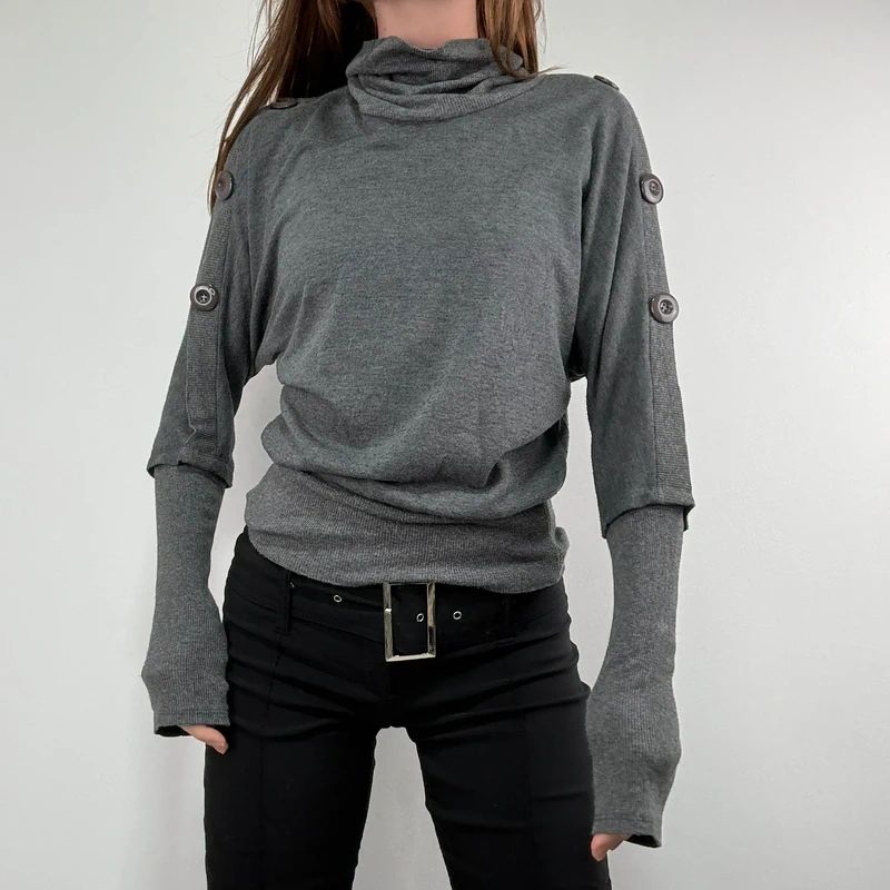 grey slouchy knit ribbed fitted jumper with button details