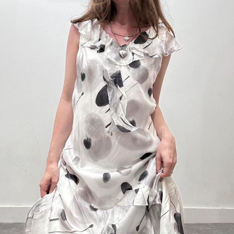 sheer silk ruffle polkadot summer dress