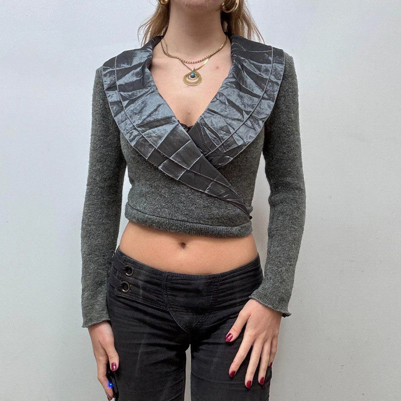 knitted cross-over frilly lace croped cardi