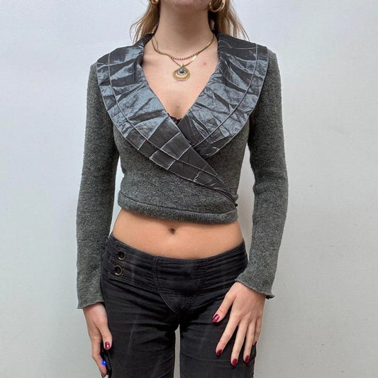 knitted cross-over frilly lace croped cardi