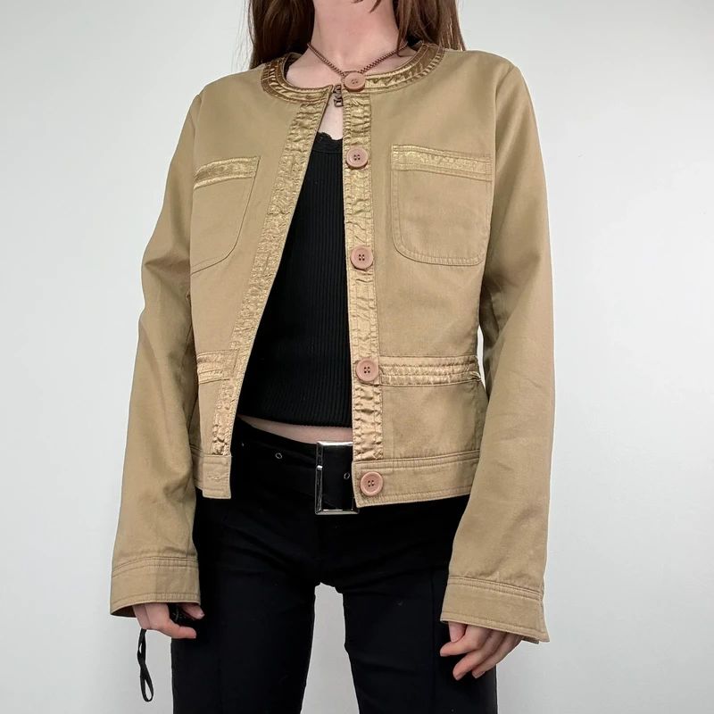 tan boxy cropped fit jacket with exposed button detail