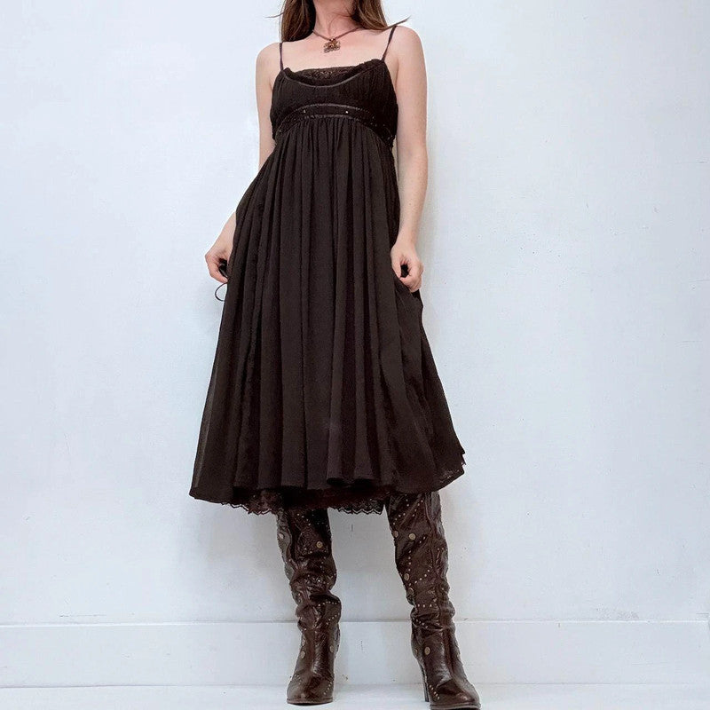 brown crinkle pleated maxi dress