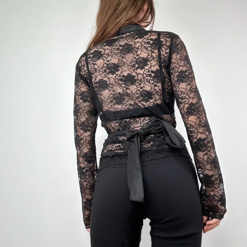 gathered black lace crinkle sheer wrap blouse