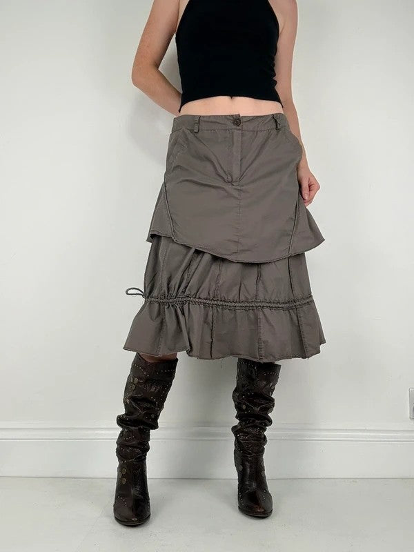 Khaki layered ruffle midi pleated skirt