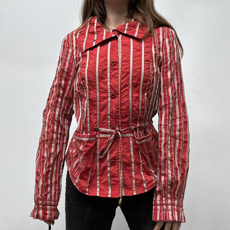 Red pinstripe fitted shirt jacket