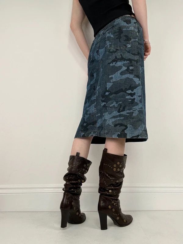 dark denim camo printed midi skirt