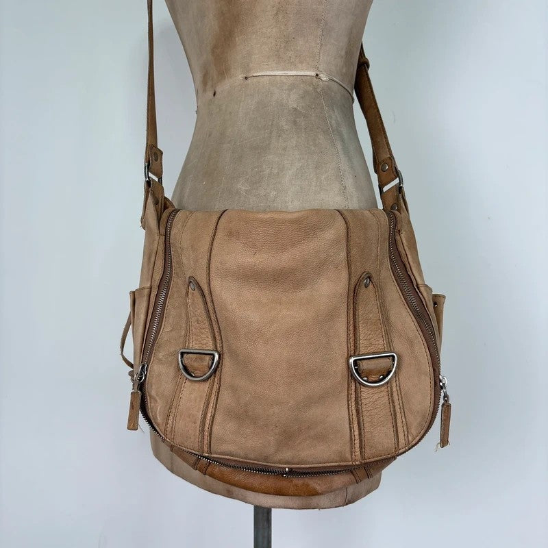 Tan distressed leather zip city crossbody D-ring bag
