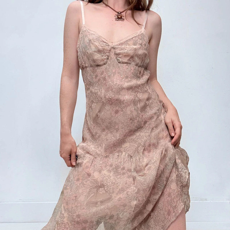 pink silk bias cut floral dress