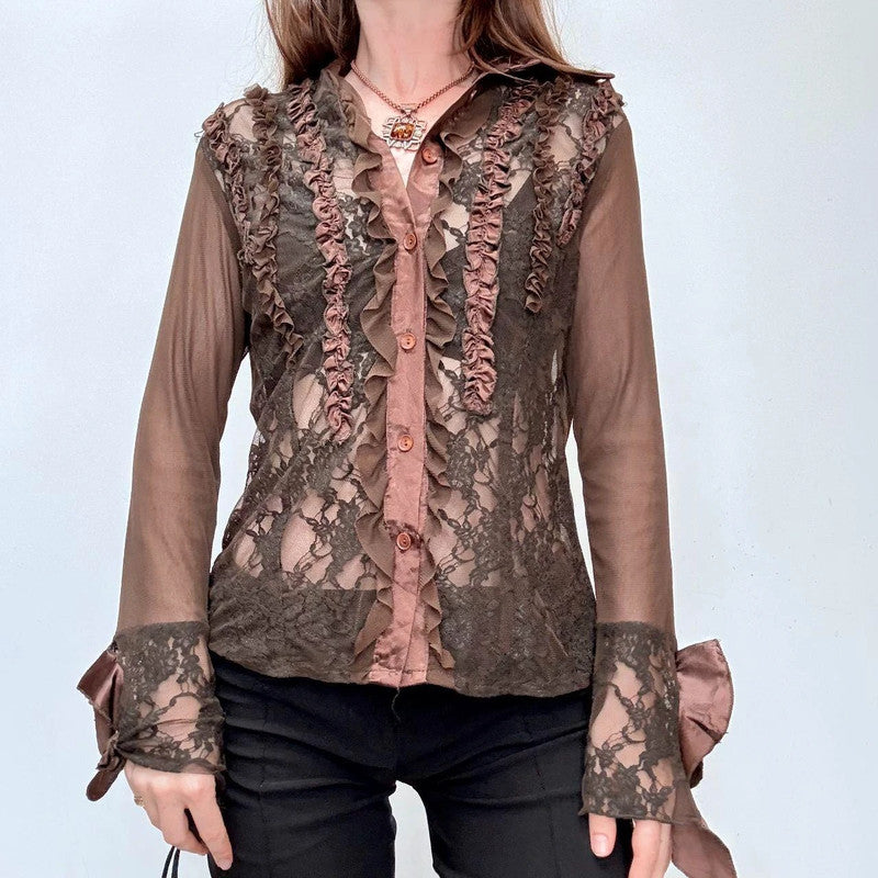 brown lace sheer grunge shirt