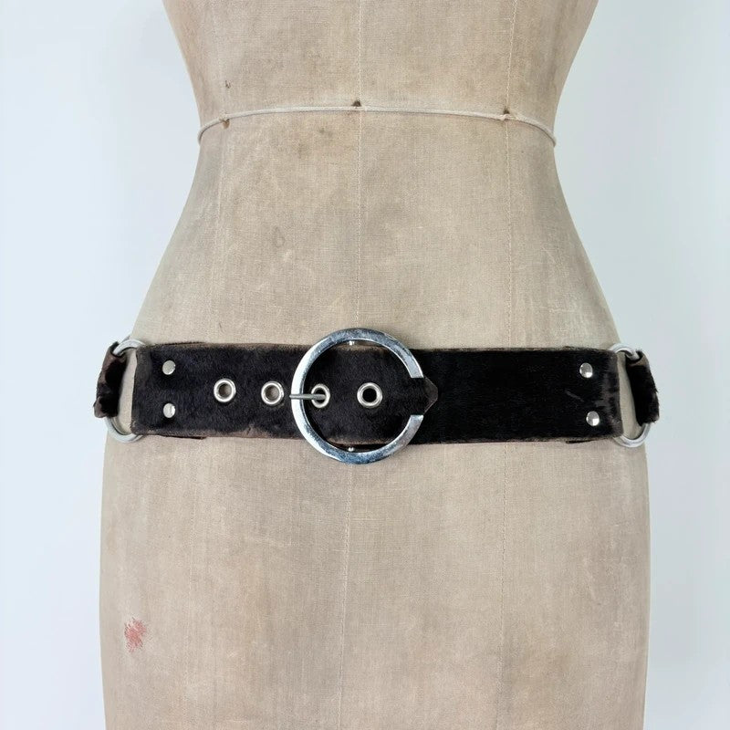 Pony hair cow hide leather chain link belt