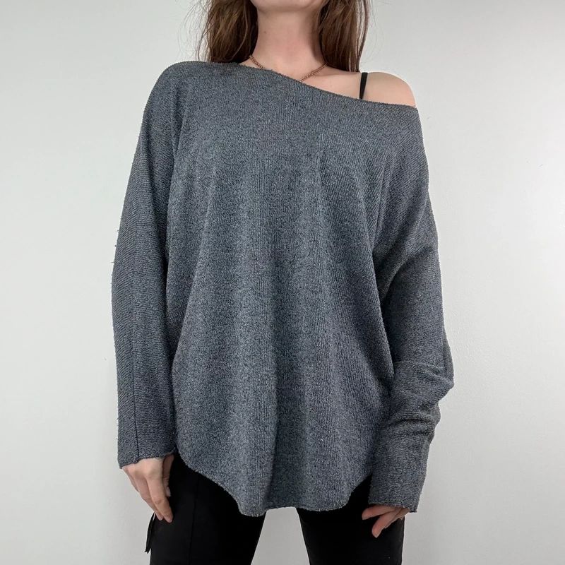 grey henley button detailed slouchy off the shoulder t-shirt