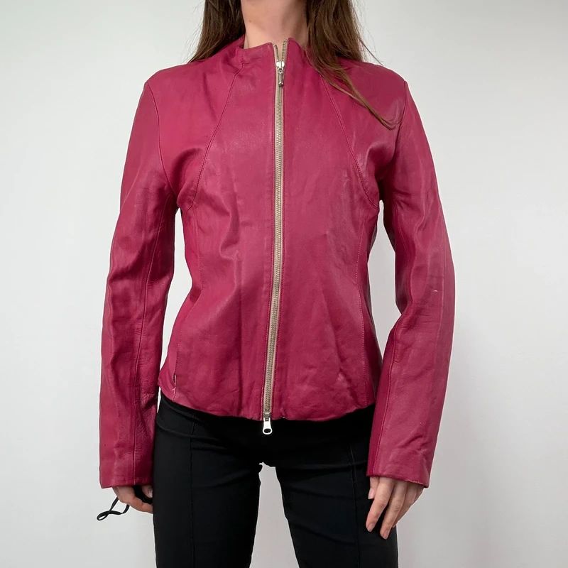 fitted 90s pink leather zip-up jacket