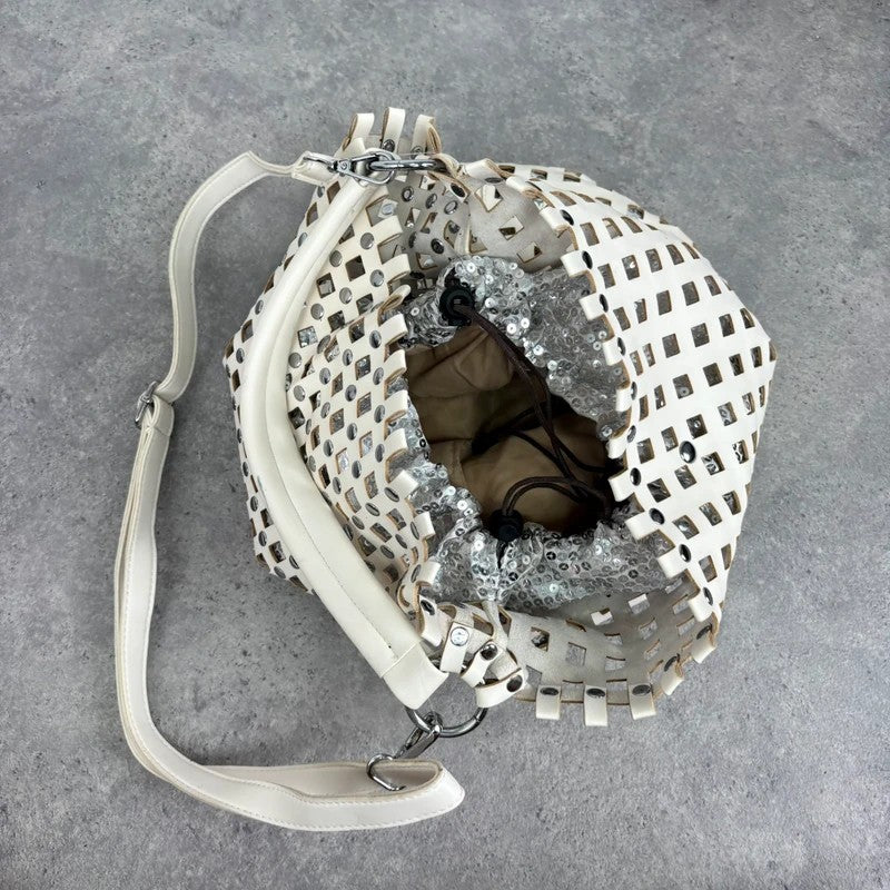Studded faux-leather woven glitter hobo bag
