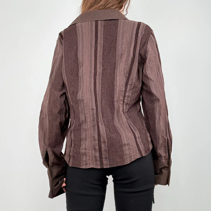 brown pinstripe zip shirt