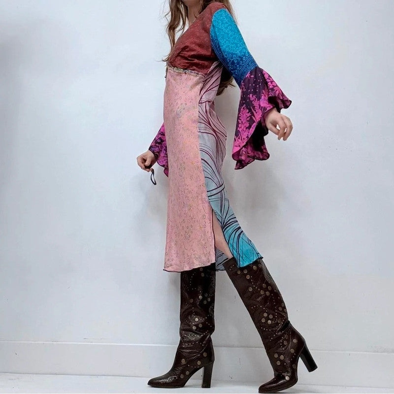 flared silk patchwork printed dress