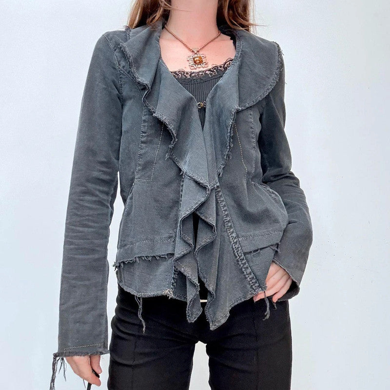 distressed black denim ruffle jacket