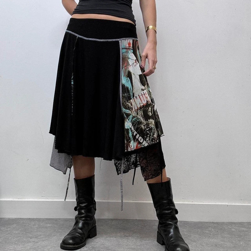 black pinstripe grunge asymmetric midi skirt
