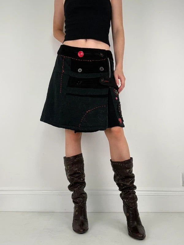 Flared black wool abstract button midi skirt