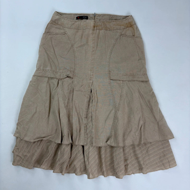tan linen layered pinstripe midi skirt