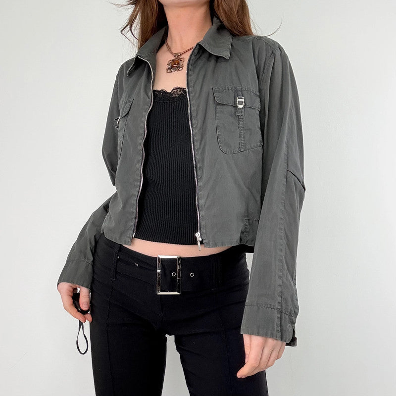 khaki zip through cropped utility jacket