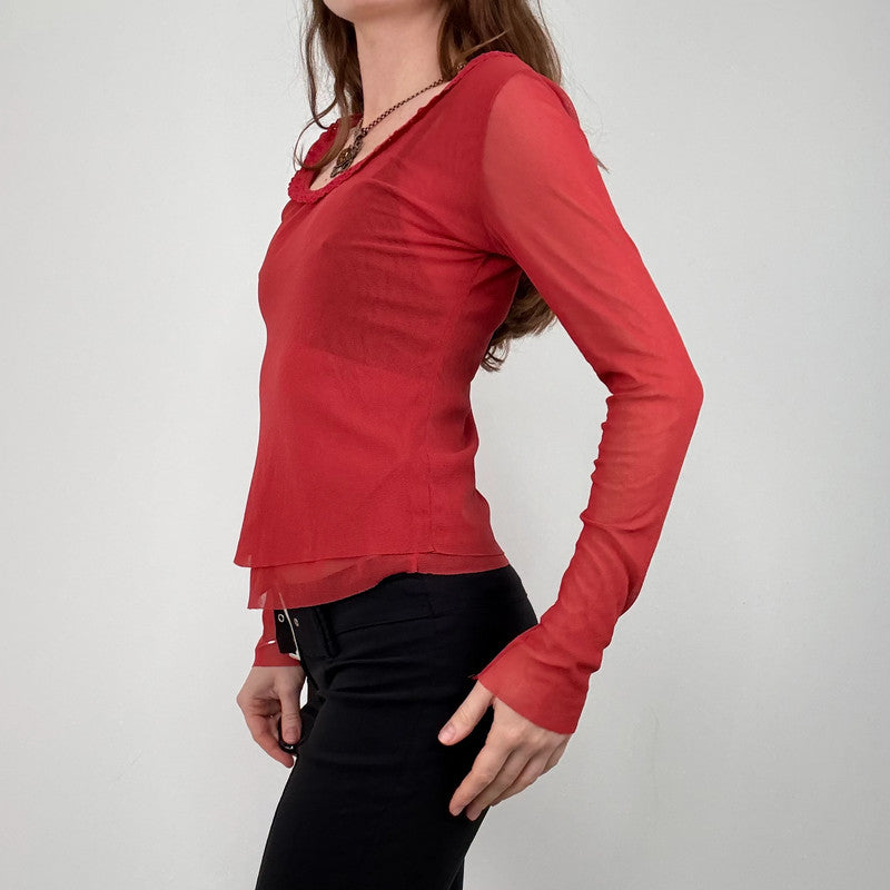 red sheer mesh layered long sleeve t-shirt