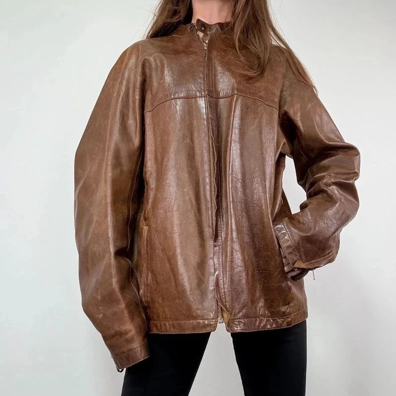 Brown Oversized Leather Bomber Jacket
